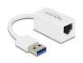 65905 Delock Adapter SuperSpeed USB (USB 3.2 Gen 1) z wtykiem męskim USB Typu-A > Gigabit LAN 10/100/1000 Mbps, kompaktowy, biały