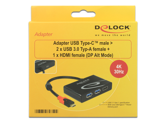 Delock Products 62854 Delock USB 3.1 Gen 1 Adapter USB Type-C™ male > 2 x  USB 3.0 Type-A female + 1 x HDMI female (DP Alt Mode) 4K 30 Hz