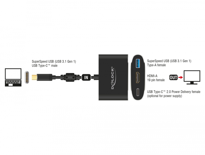 DeLOCK Câble Adaptateur USB Type C Mâle  HDMI 4 K/60 Hz Femelle Noir DP Alt de la Mode 