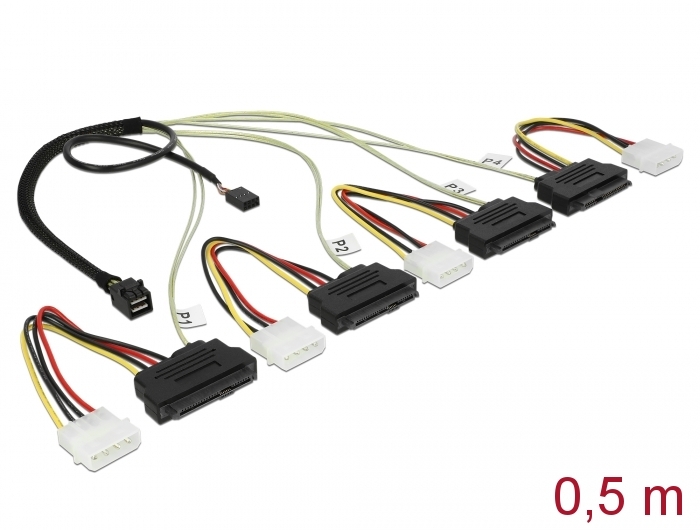 DeLock Kabel Mini SAS HD SFF 8643 x4 Stecker  4 x SATA Buchse 0,5 m 