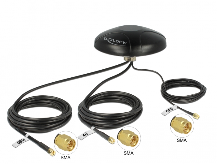 øge Perennial Vores firma Navilock Products 12455 Delock Multiband LTE UMTS GSM GPS Antenna 3 x SMA  male omnidirectional roof mount black outdoor