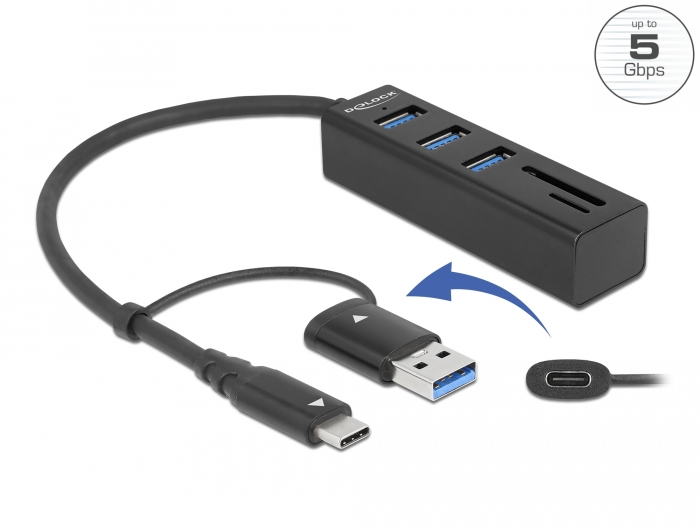 kompression Paradis Hold sammen med Delock Products 63859 Delock 3 Port USB 3.2 Gen 1 Hub + SD and Micro SD Card  Reader with USB Type-C™ or USB Type-A connector