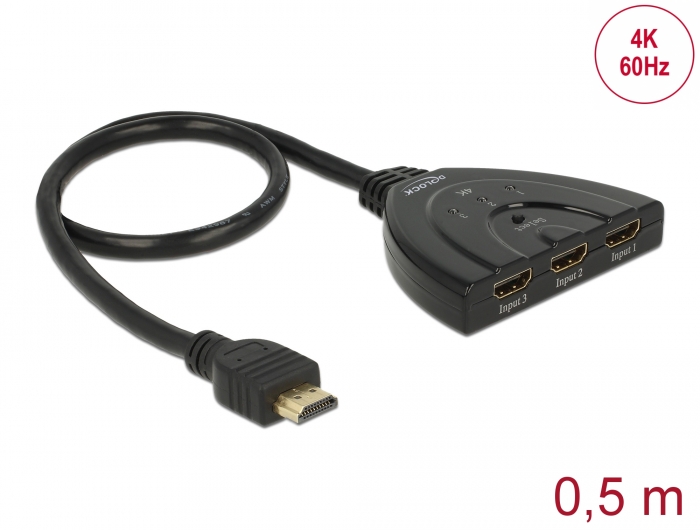 Delock Produits 18600 Delock Commutateur HDMI UHD 3 entrées HDMI > 1 sortie  HDMI 4K avec câble 50 cm intégré
