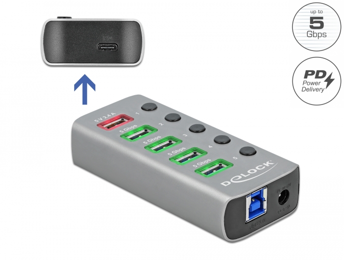 Rige tobak Great Barrier Reef Delock Products 63263 Delock USB 3.2 Gen 1 Hub with 4 Ports + 1 Fast  Charging Port + 1 USB-C™ PD 3.0 Port with Switch and Illumination
