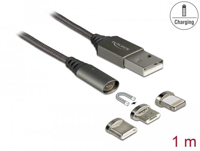 Delock Products 85705 Delock Magnetic USB Charging Cable for Pin / Micro USB / USB Type-C™ anthracite 1 m