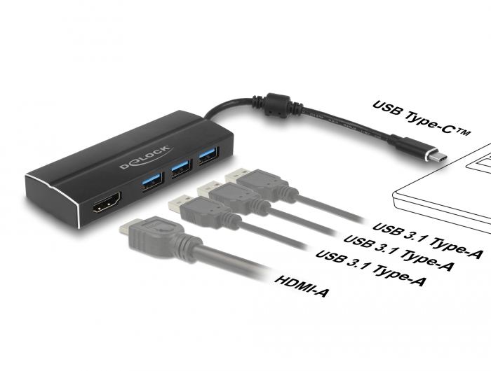 Delock Products 63931 Delock 3.2 Gen 1 USB Type-C™ to 3 x USB 3.2 Gen Type-A Hub + 1 x HDMI Alt Mode) 4K 30 Hz