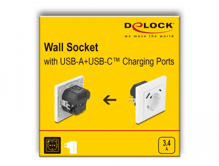 Delock Produkte 11489 Delock Einbausteckdose mit 2 USB Ladeports 3,4 A, 1 x  USB Typ-A und 1 x USB Type-C™
