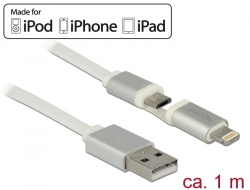 83773 Delock Przewód USB do transmisji danych i ładowania dla urządzeń Apple i Micro USB 1 m biały
