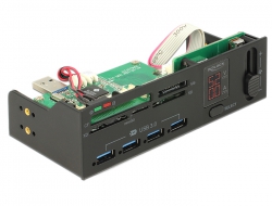 91494 Delock Lector de tarjetas USB 3.0 de 5.25″ de 5 ranuras + 4 concentrador USB 3.0 incluido, indicador de V / A y controlador de ventilador