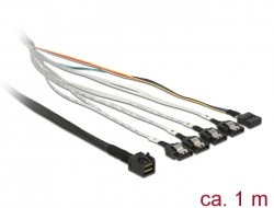 83316 Delock Cablu cu conector Mini SAS SFF-8643 > 4 porturi SATA cu 7 pini + bandă de frecvenţe laterale, de 1 m metal
