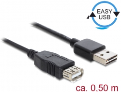 85197 Delock Cablu prelungitor cu conector tată EASY-USB 2.0 Tip-A > USB 2.0 Tip-A, mamă negru 0,5 m