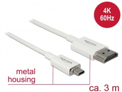 85152 Delock Nagysebességű HDMI-kábel Ethernettel - HDMI-A-csatlakozódugó > HDMI Micro-D-csatlakozódugó, 3D, 4K, 3 m, aktív, vékony, prémium minőség