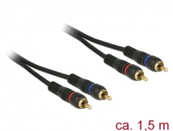 85220 Delock Kábel, 2 x RCA csatlakozódugó > 2 x RCA csatlakozódugó, 1,5 m, koaxiális, OFC, fekete