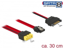 84945 Delock Kabel SATA 6 Gb/s 7-pinski ženski + SATA 15-pinski električni muški > SATA muški 8-pinski za napajanje sa spojnicom od 30 cm