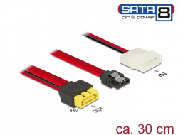 84947 Delock SATA-kabel 6 Gb/s 7-stifts hona + Molex 2-stifts hane med strömförsörjning > SATA hane 8-stifts ström med spärrtyp 30 cm