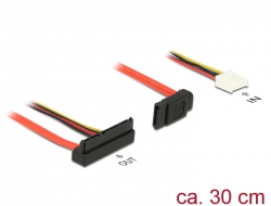 84853 Delock Przewód SATA 6 Gb/s, 7-pinowy wtyk, żeński + 4-pinowy wtyk zasilania Floppy, żeński (5 V + 12 V) > SATA, 22-pinowy wtyk, żeński, kątowy, skierowany do góry, 30 cm