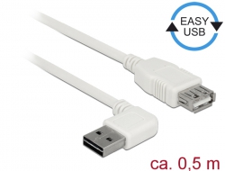 85178 Delock Przewód przedłużający EASY-USB 2.0 Typu-A, wtyk męski, kątowy, w lewo / w prawo > USB 2.0 Typ-A żeński biały 0,5 m