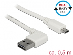 85170 Delock Cablu cu conector tată EASY-USB 2.0 Tip-A, în unghi spre stânga / dreapta > conector tată EASY-USB 2.0 Tip Micro-B alb 0,5 m