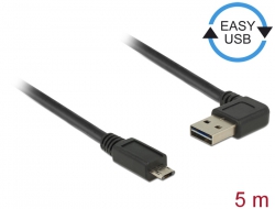 85169 Delock Cablu cu conector tată EASY-USB 2.0 Tip-A, în unghi spre stânga / dreapta > conector tată EASY-USB 2.0 Tip Micro-B negru 5 m