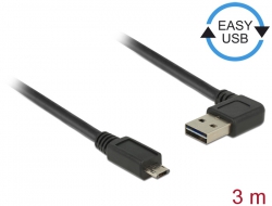 85168 Delock Cablu cu conector tată EASY-USB 2.0 Tip-A, în unghi spre stânga / dreapta > conector tată EASY-USB 2.0 Tip Micro-B negru 3 m
