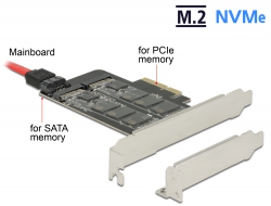 89558 Delock PCI Express x4-kártya > 1 x belső M.2 aljzat B nyílással + 1 x belső NVMe M.2 aljzattal, M nyílással - alacsony profilú formatényező