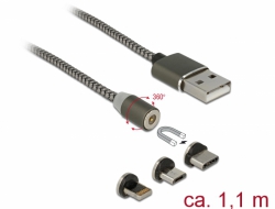 84948 Delock Câble de chargement magnétique USB pour 8 broches / Micro USB / USB Type-C™ anthracite, 1,1 m