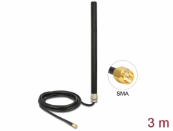 89529 Delock LTE UMTS GSM Antenna SMA apa csatlakozóval 3 dBi mindenirányban rögzíthető, csatlakozó kábellel (RG-58, 3 m), falra szerelhető, kültéri, fekete