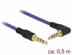 85608 Delock Conector de Cable Estéreo de 3,5 mm de 4 pines macho > macho en ángulo 0,5 m violeta