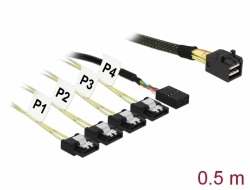 83315 Delock Cablu cu conector Mini SAS SFF-8643 > 4 porturi SATA cu 7 pini + bandă de frecvenţe laterale, de 0,5 m metal