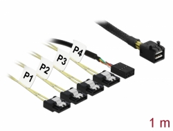 83322 Delock Cablu cu conector Mini SAS HD SFF-8643 > 4 porturi SATA cu 7 pini, derivaţie inversă + bandă de frecvenţe laterale, de 1 m