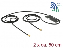 89450 Delock Antena podwójna WLAN 802.11 ac/a/h/b/g/n, 2 x męskie złącze I-PEX Inc., MHF® I, 3 - 5 dBi, płytka drukowana PCB, 2 x 50 cm, wewnętrzna, samoprzylepna