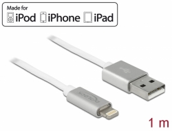 83772 Delock USB adat- és töltőkábel iPhone™, iPad™ és iPod™ 1 m készülékhez fehér LED-jelzéssel