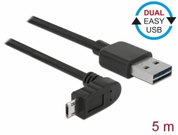 83858 Delock Kábel, EASY-USB 2.0-s A-típusú csatlakozódugó > EASY-USB 2.0-s Micro-B típusú csatlakozódugó, ívelt felfelé / lefelé, 5 m, fekete