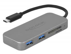64064 Delock Hub USB 3.0 cu 2 porturi și cititor de carduri cu 3 sloturi cu conexiune USB Type-C™