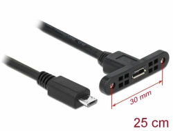 85245 Delock Przewód USB 2.0 Micro-B, wtyk żeński, do zabudowy panelowej > USB 2.0 Micro-B. wtyk męski, 25 cm