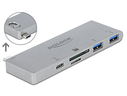 64078 Delock 3 portos elosztó és 2 bemenetes kártyaolvasó MacBook-hoz 3.0 PD-vel és mozgatható (behúzható) USB Type-C™ csatlakozóval 