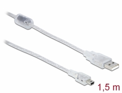 83906 Delock USB 2.0-s kábel A-típusú csatlakozódugóval > USB 2.0 Mini-B csatlakozódugóval, 1,5 m, áttetsző