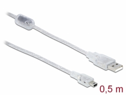 83904 Delock Przewód z wtykiem męskim USB 2.0 Typ-A > wtyk męski USB 2.0 Mini-B, o długości 0,5 m, przezroczysty
