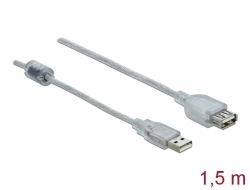 83882 Delock Przewód przedłużający z wtykiem męskim USB 2.0 Typ-A > wtyk żeński USB 2.0 Typ-A, o długości 1,5 m, przezroczysty