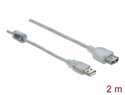 83883 Delock USB 2.0-s bővítőkábel A-típusú csatlakozódugóval > USB 2.0-s, A-típusú csatlakozóhüvellyel, 2 m, áttetsző