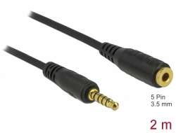 85702 Delock Cable de extensión conector estéreo 3,5 mm de 5 pines, macho a hembra 2 m negro
