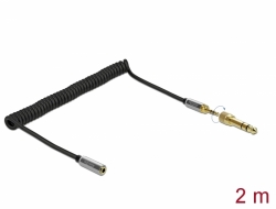 85832 Delock Svinutý prodlužovací kabel 3,5 mm 3-pinový stereo zástrčkový konektor na stereo zásuvkový konektor 6,35 mm, šroubovací adaptér, 2 m