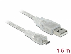 83899 Delock USB 2.0-s kábel A-típusú csatlakozódugóval > USB 2.0 Micro-B csatlakozódugóval, 1,5 m, áttetsző