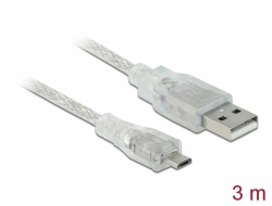 83902 Delock Przewód z wtykiem męskim USB 2.0 Typ-A > wtyk męski USB 2.0 Micro-B, o długości 3 m, przezroczysty