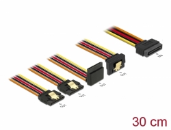 60148 Delock 15 pin-es SATA kábel bemeneti zár funkcióval > 15 pin-es SATA tápcsatlakozó kimeneti 2 x egyenes / 1 x lefelé / 1 x felfelé 30 cm