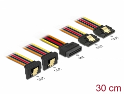 60151 Delock 15 pin-es SATA kábel bemeneti zár funkcióval > 15 pin-es SATA tápcsatlakozó kimeneti 2 x egyenes / 2 x lefelé 30 cm