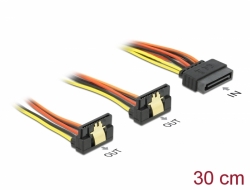 60159 Delock 15 pin-es SATA kábel bemeneti záró funkcióval > 2 x 15 pin-es SATA tápcsatlakozó kimeneti 30 cm