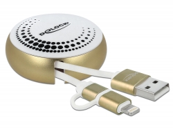 85820 Delock Zatažitelný kabel USB 2 v 1, Typu-A na Micro-B a Lightning™, bílý / zlatý