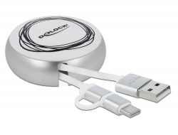85821 Delock Zatažitelný kabel USB 2 v 1, Typu-A na Micro-B a USB-C™, bílý / stříbrný