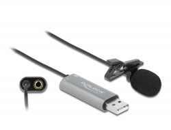 66638 Delock Mikrofon wszechkierunkowy USB Tie Lavalier 24 bit / 192 kHz z zaciskiem i portem słuchawkowym stereo jack 3,5 mm 